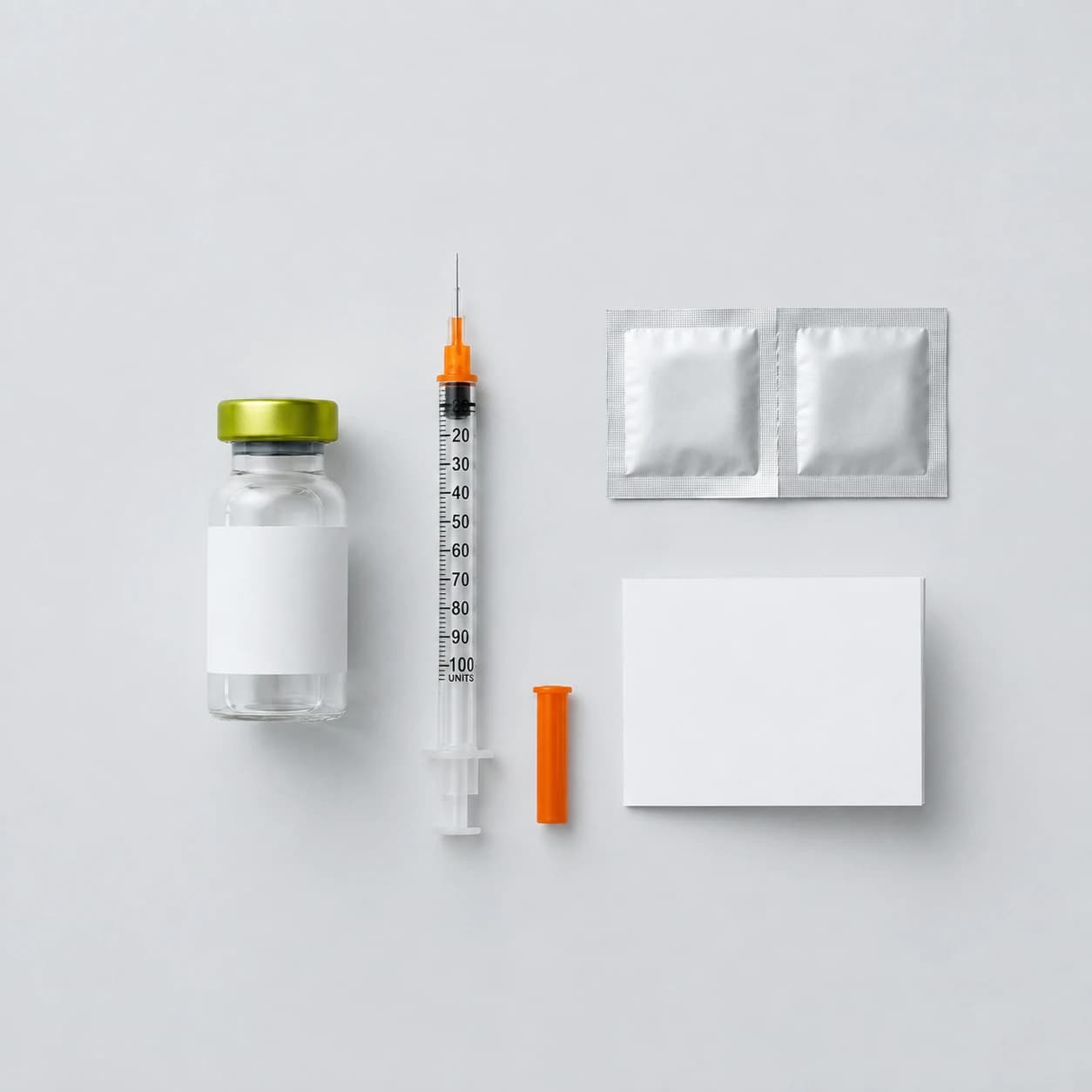 Flat lay of the NAD+ vial, syringe, alcohol prep pads, and instructions.