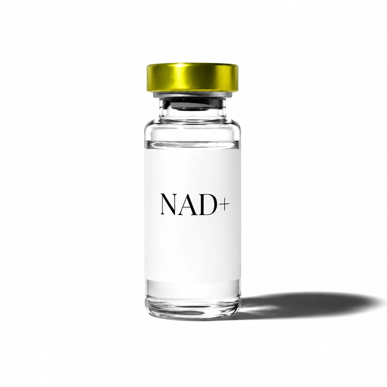 A single clear NAD+ vial with a gold cap and white NAD+ label on a bright white studio background.